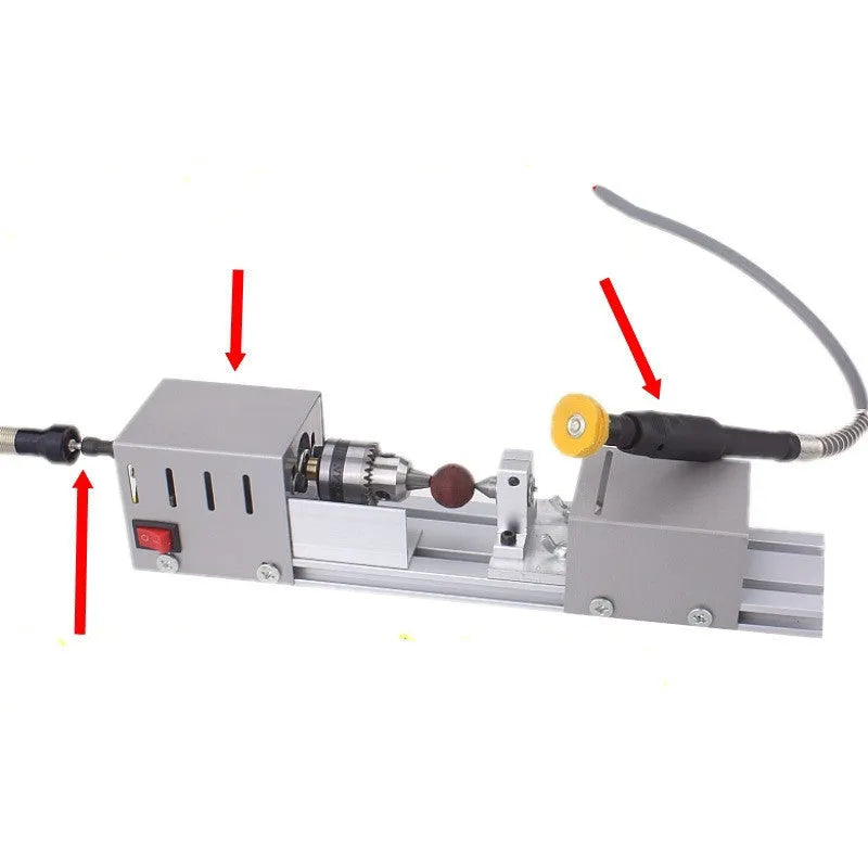 Mini metal woodworking lathe with carving knives and accessories for small craft projects