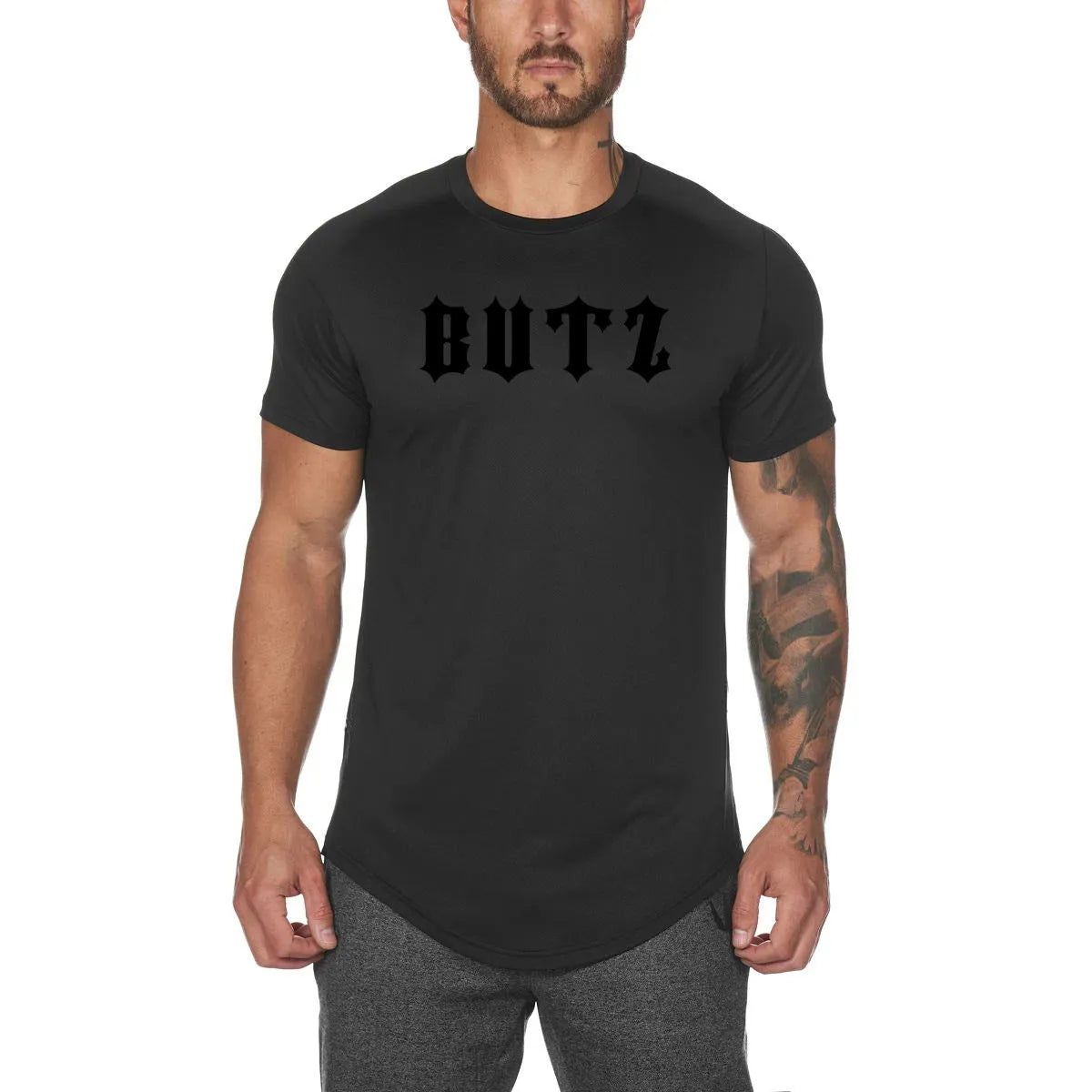 Men's plain cotton-spandex gym t-shirt shown in army green, black, and white, some with optional letter print.