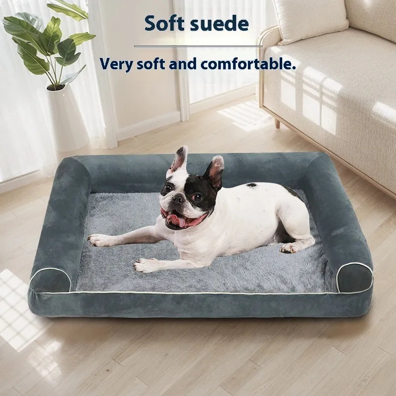 Square blue cloth dog bed with sponge filling for a large dog, showing its dimensions.