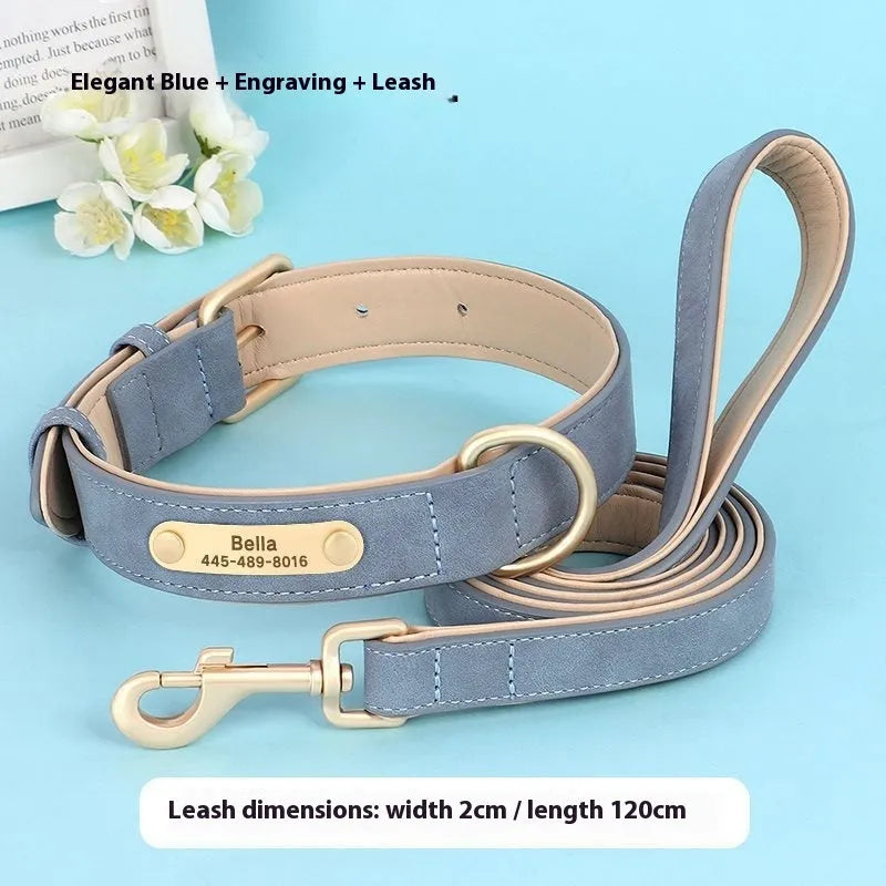 Double-layer leather dog collar with traction rope in rose red, brown, or blue colour