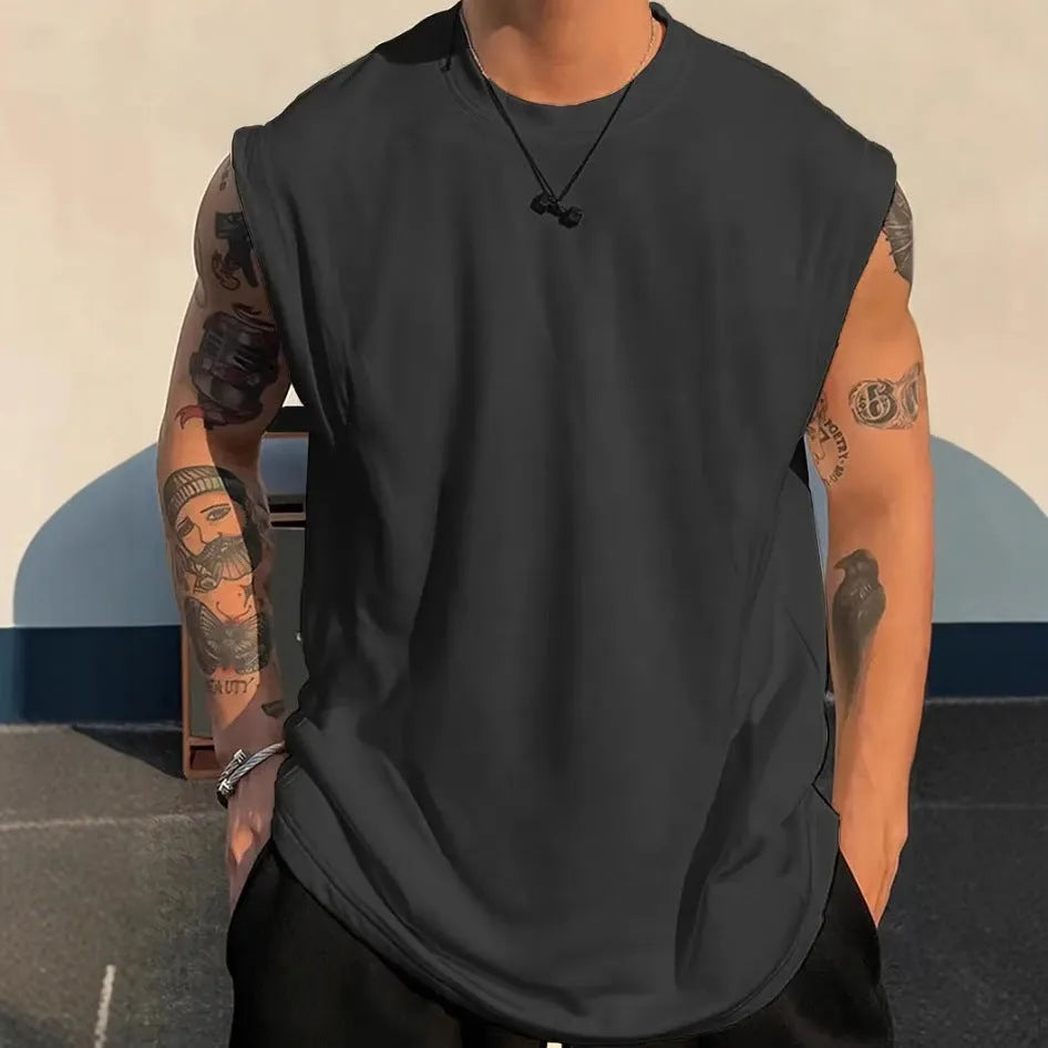 Men's loose solid colour cotton tank top on hanger showing straight hem design