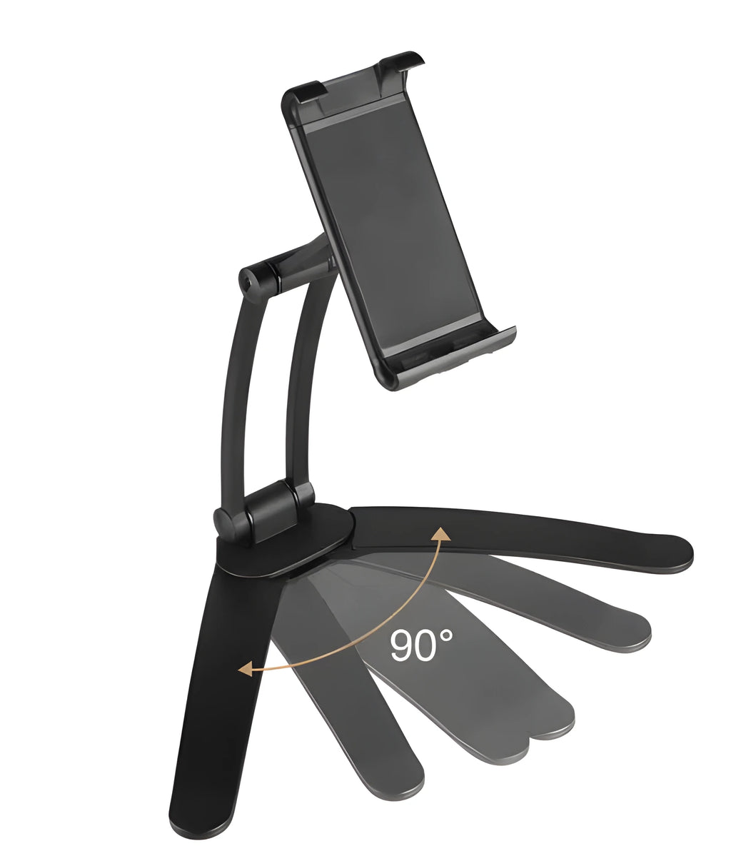 Silver aluminum alloy desktop stand holding a tablet at an adjustable angle.