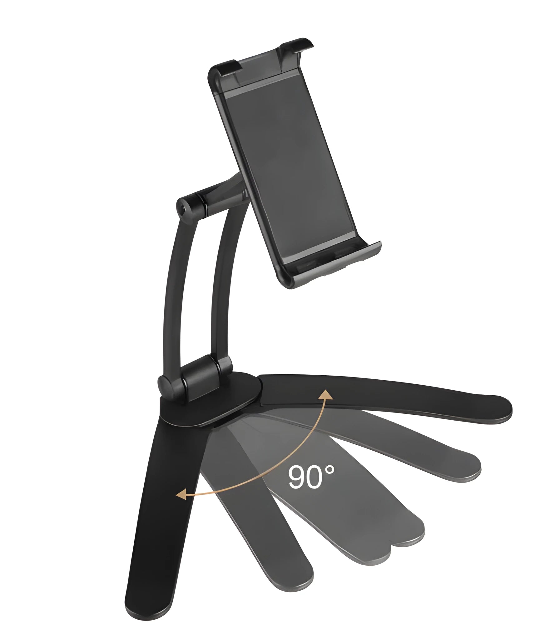 Silver aluminum alloy desktop stand holding a tablet at an adjustable angle.