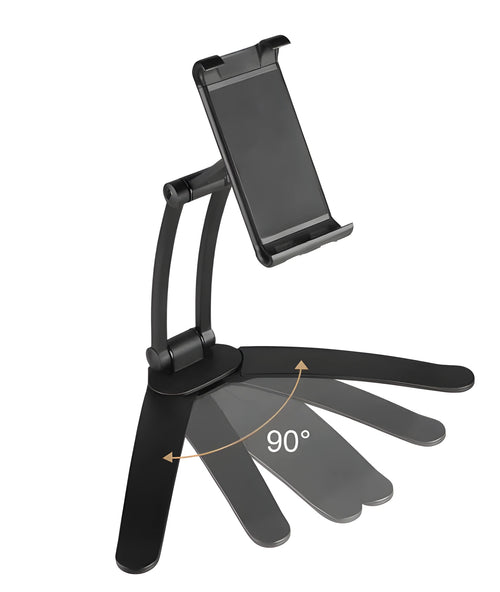 Silver aluminum alloy desktop stand holding a tablet at an adjustable angle.