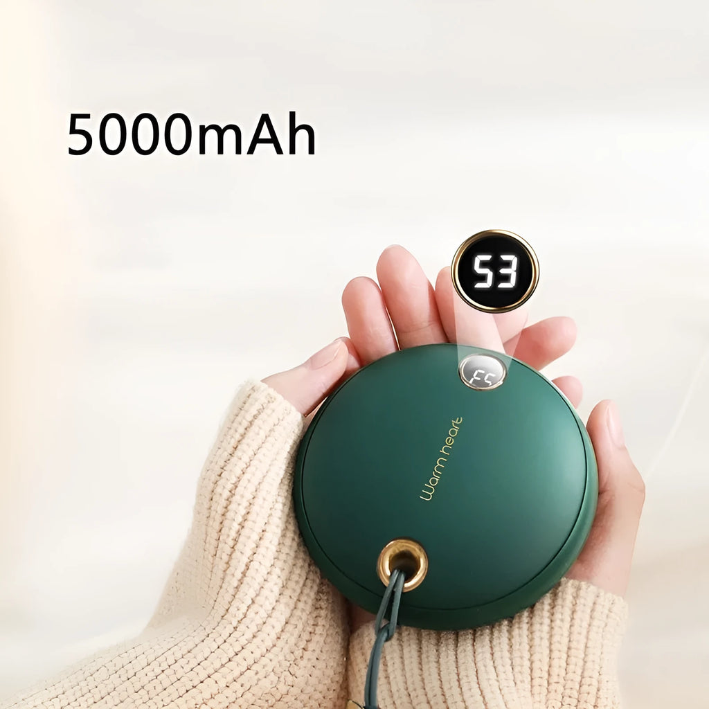 Green hand warmer power bank with digital display showing battery percentage and temperature settings