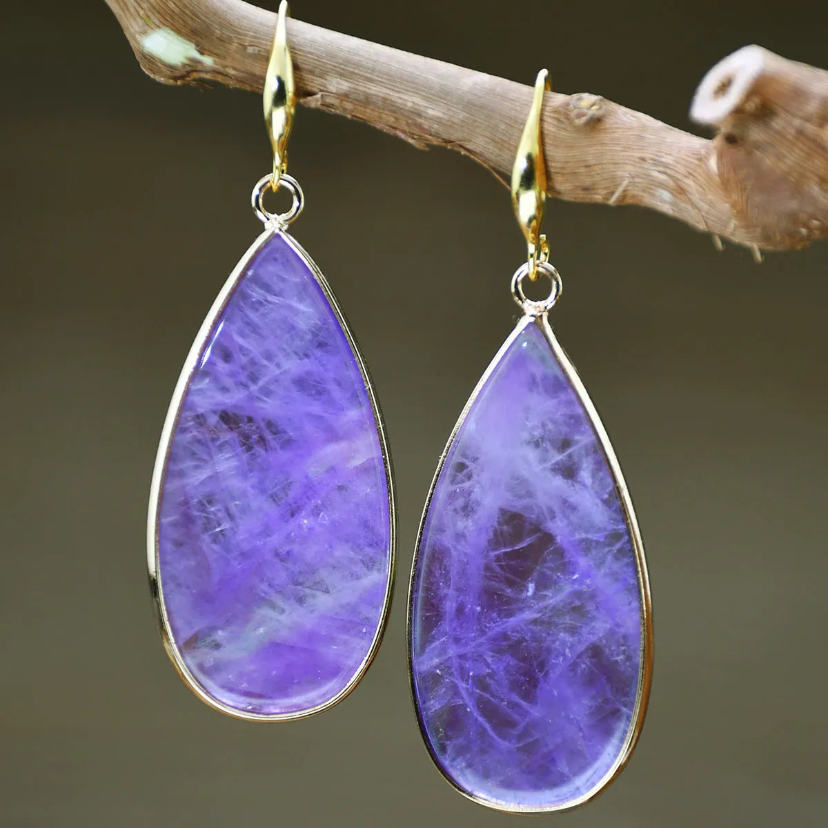 Vintage handmade stone drop earrings with water droplet shape in five colour options including tigereye and amethyst