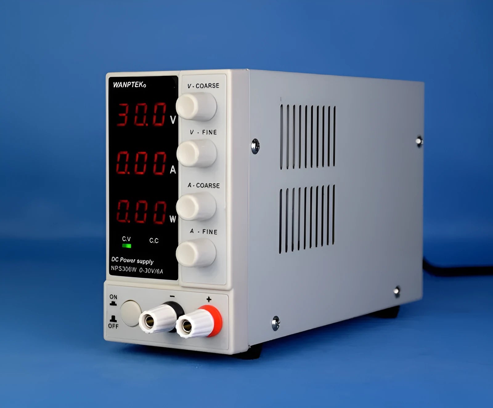 White adjustable DC laboratory power supply with digital displays for voltage and current, model S605W.