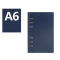 Loose-leaf business notebook with imitation leather cover in five colour options, shown in A5, A6, and B5 sizes.