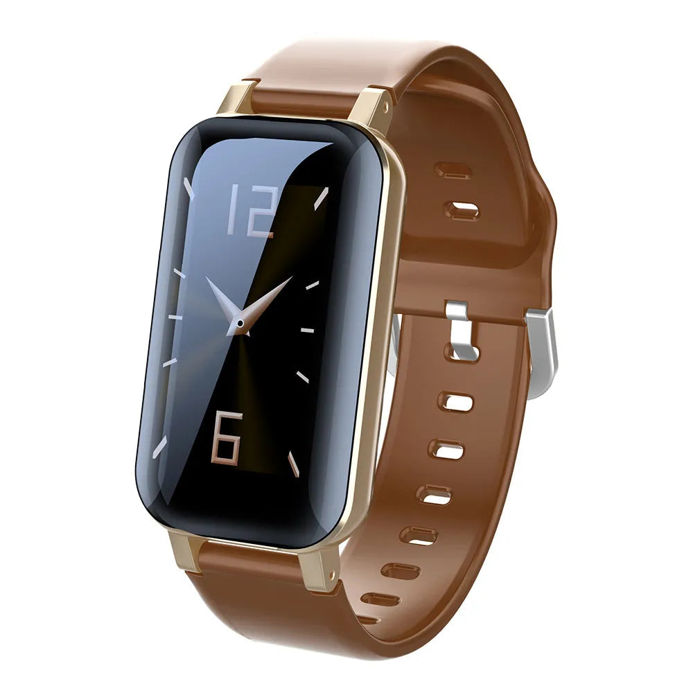 Call Bracelet smart wearable in black, blue, or coffee colour on a wrist, showing heart rate monitoring.