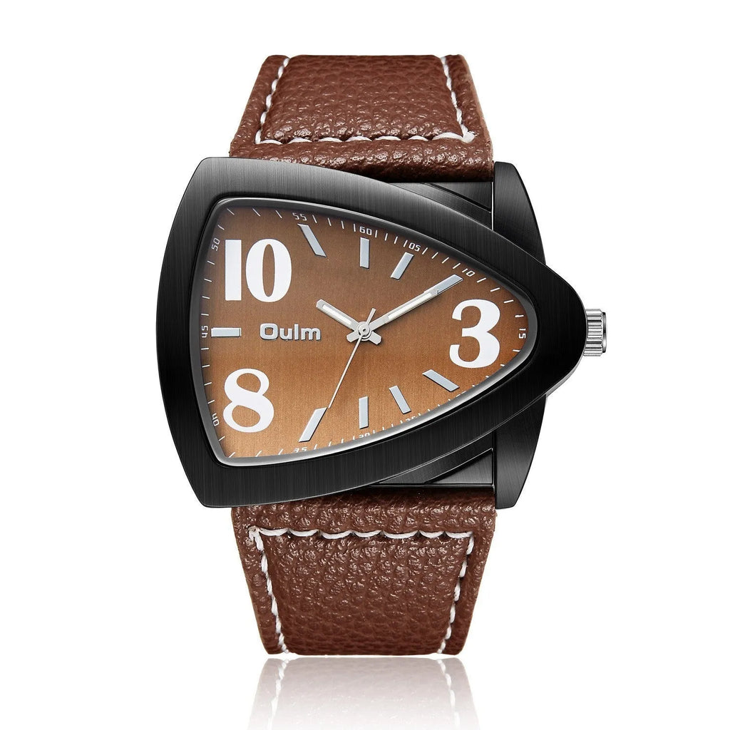 Men's casual triangle belt quartz watch showing brown, black and blue colour options with 9mm thickness