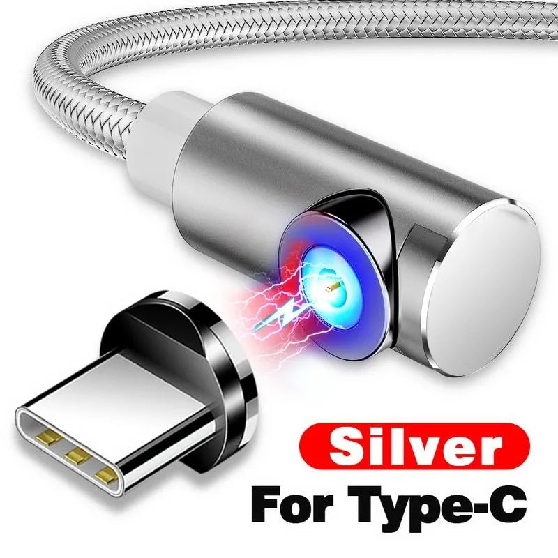 Black magnetic charging cable with aluminium housing and LED light indicator showing magnetic connectors