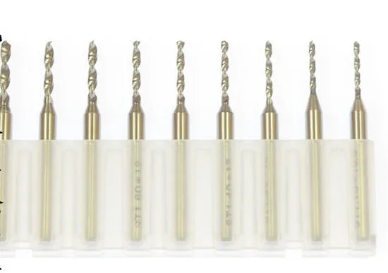 Imported tungsten steel micro engraving bit set with diameters from 0.10mm to 2.00mm for precision machining.