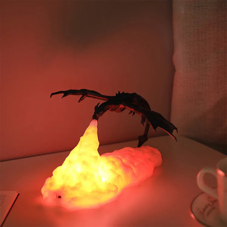 3D printed fire-breathing dragon night light with red glowing LED, measuring 200mm.