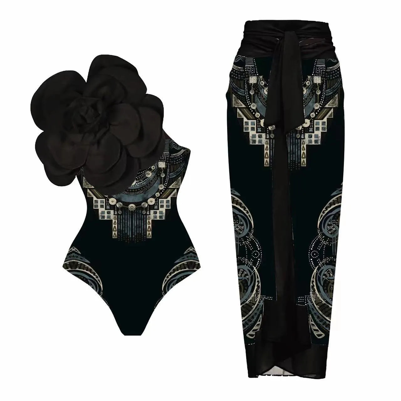 Women's floral print one-piece swimsuit with matching sarong wrap skirt in multiple colour options