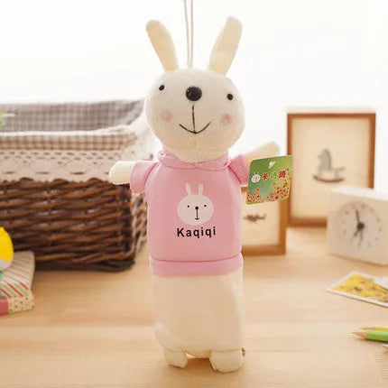 Large soft plush rabbit pencil case in multiple colours, shown with pens inside, dimensions 30cm by 14cm.