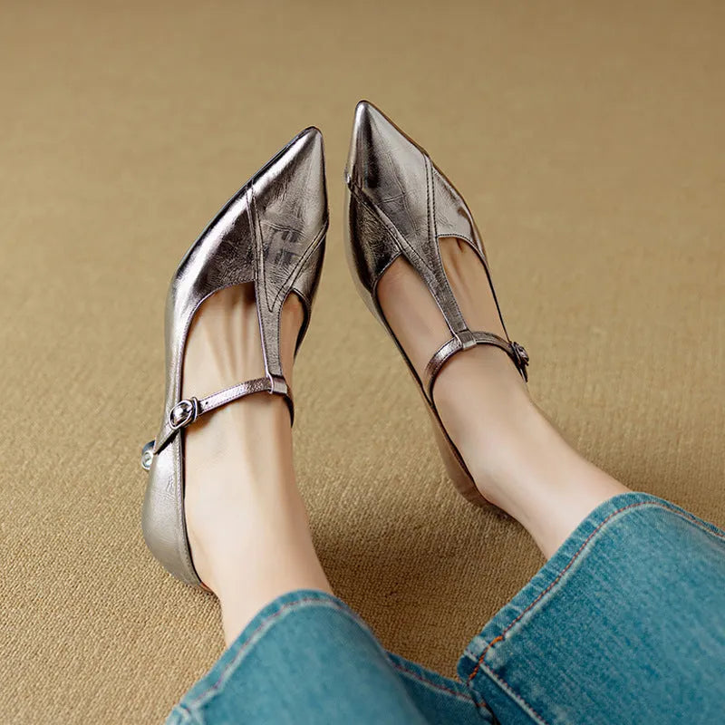 Women's gun colour genuine leather high heel shoes with chunky block heel and pointed toe design