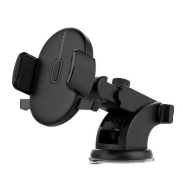 Yellow and black telescopic car phone holder with suction cup mount on textured dashboard