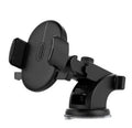 Yellow and black telescopic car phone holder with suction cup mount on textured dashboard