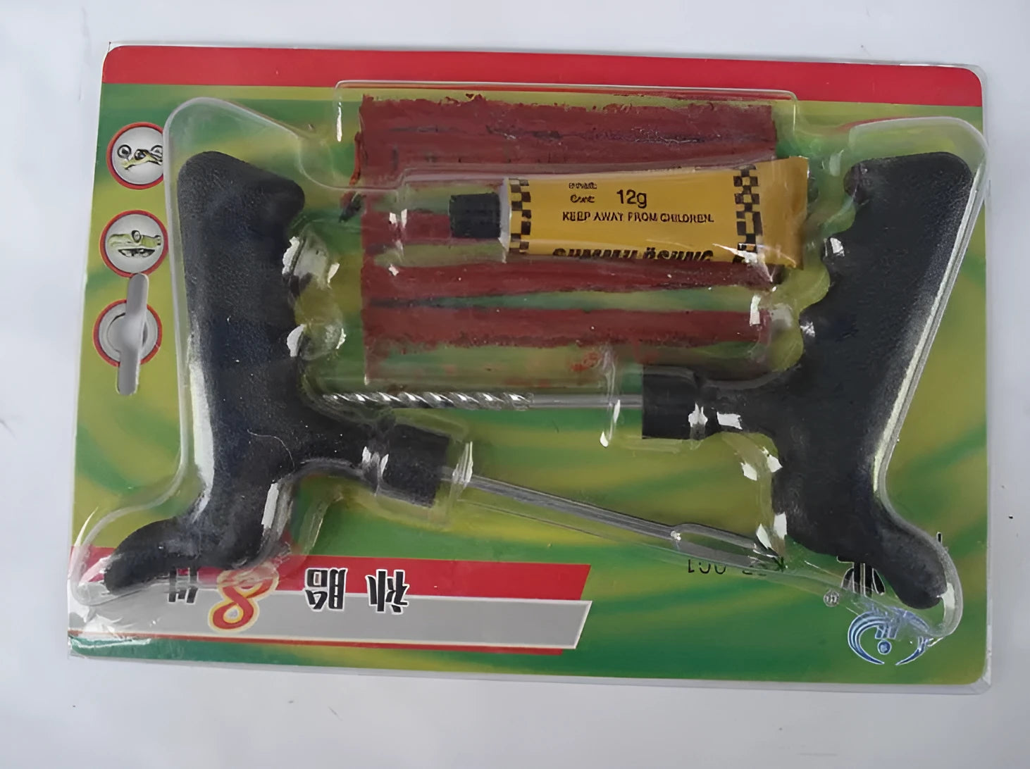 Yellow and black vacuum tire repair tool kit with probe, strips, and glue for motorcycles and cars