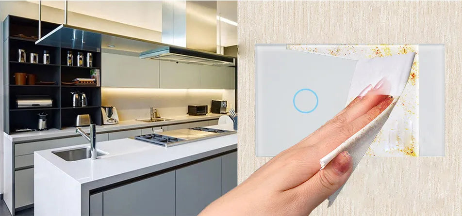 2-gang RF remote control light switch with tempered glass touch panel in black, white or gold finish