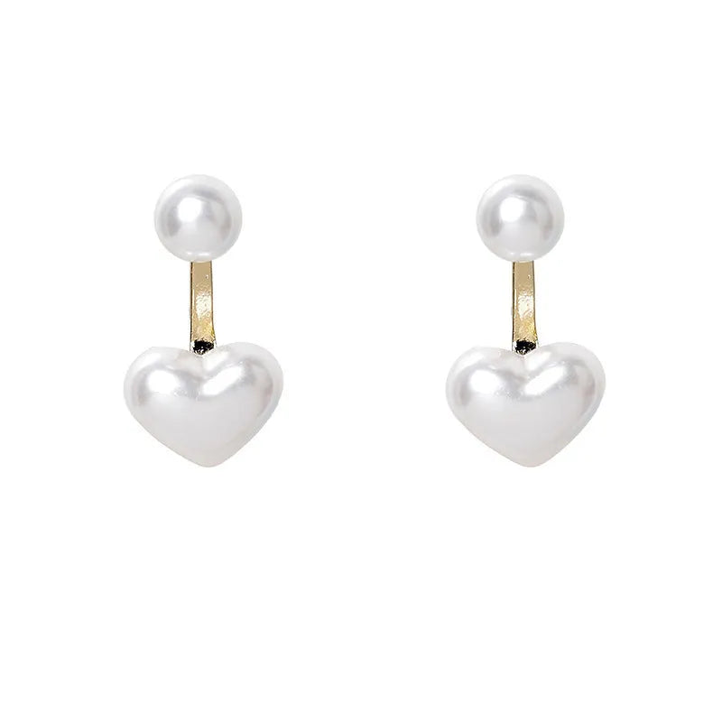 Women's heart-shaped pearl stud earrings with alloy inlaid gems and an electroplated finish.
