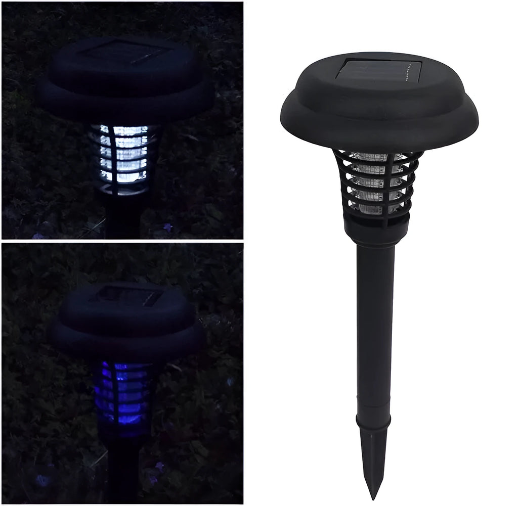 Black solar-powered insect-killing lawn lamp with white and UV purple LEDs, standing 42cm tall.
