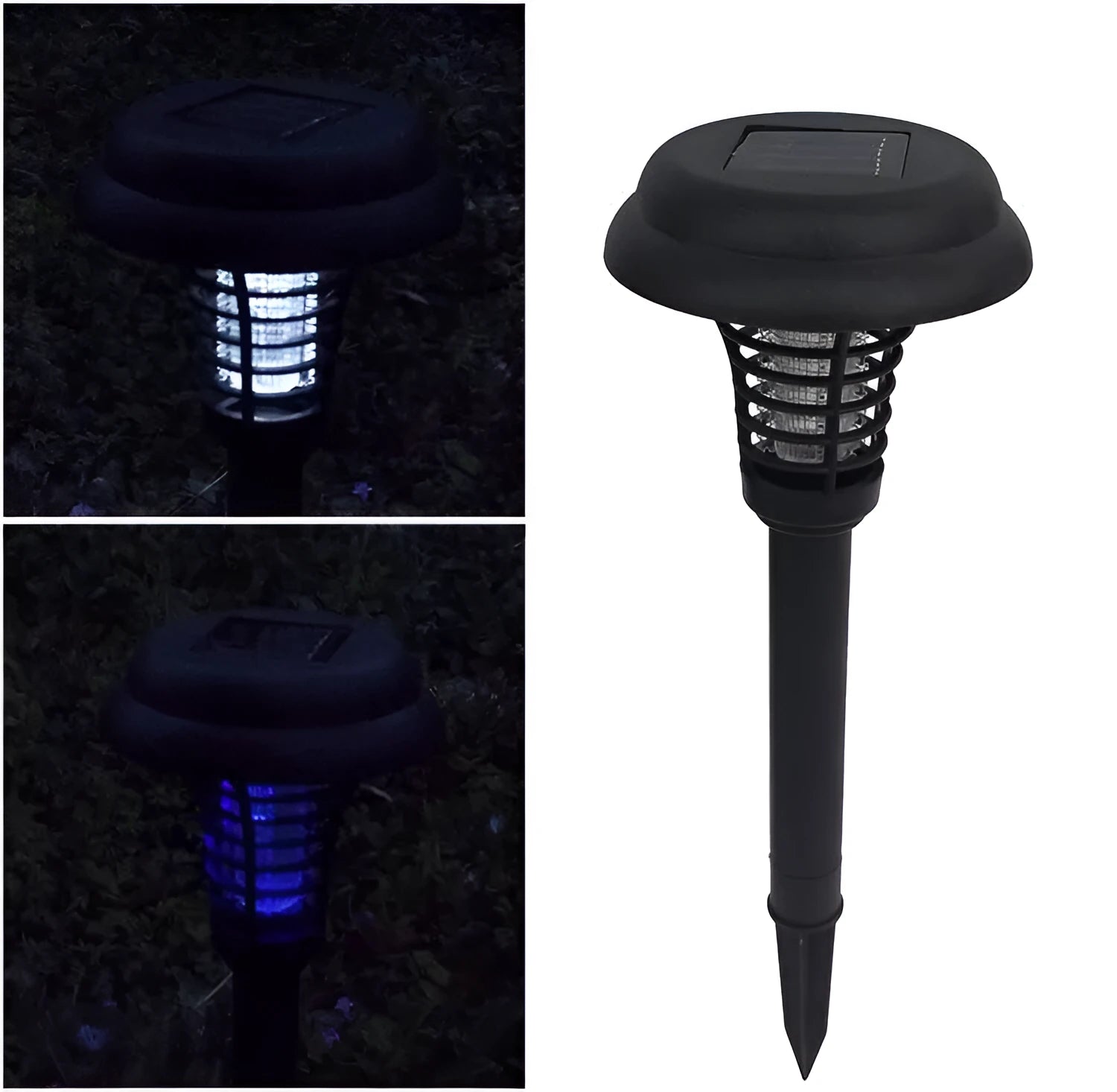 Black solar-powered insect-killing lawn lamp with white and UV purple LEDs, standing 42cm tall.