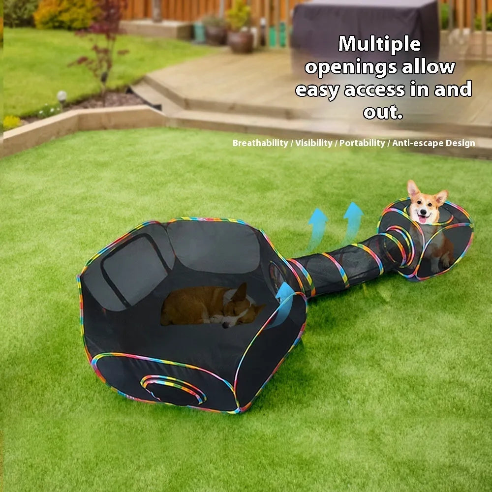 Foldable mesh cat tunnel toy shown in a square shape configuration