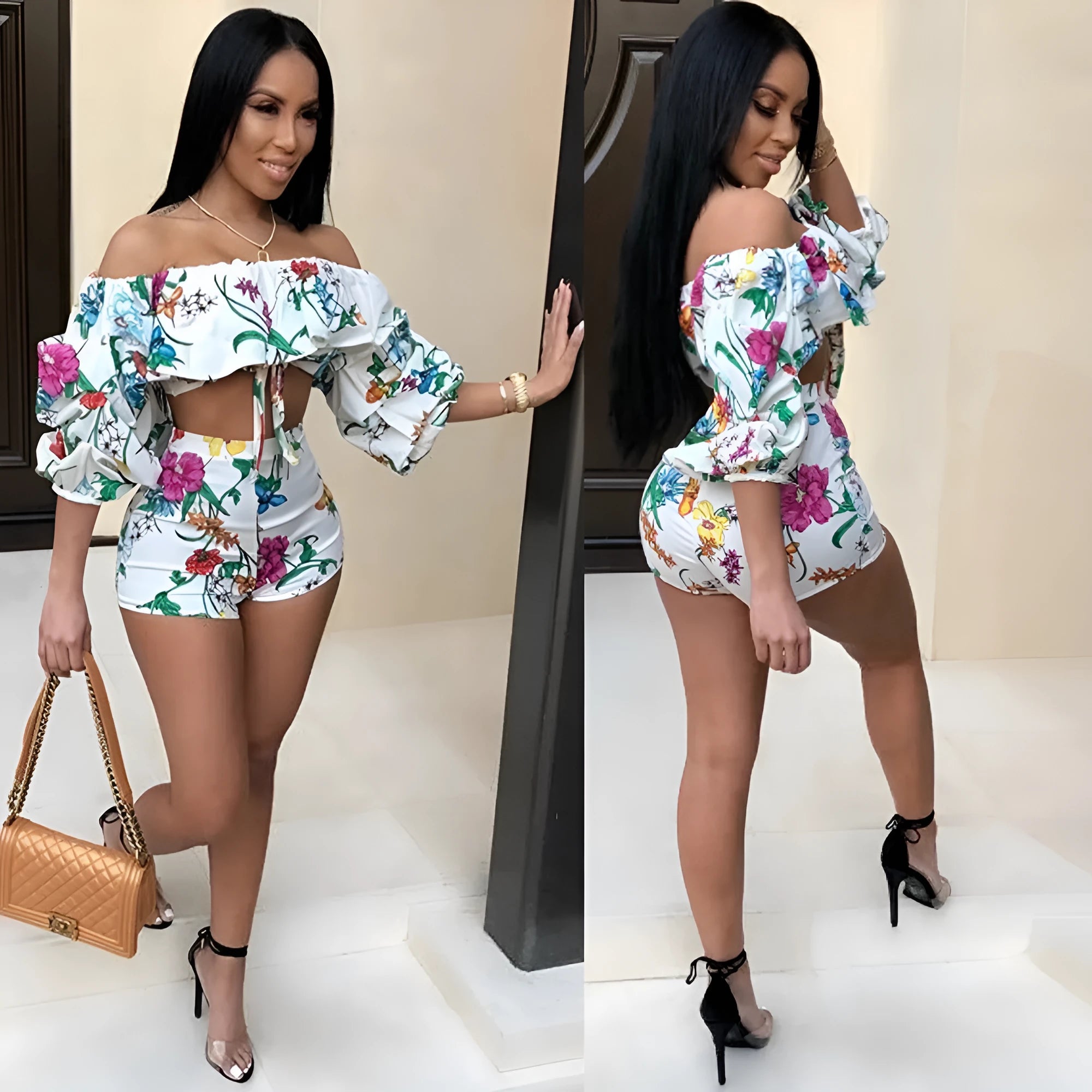 Multicolour digitally printed two-piece suit with pile sleeves on long-sleeved top and shorts