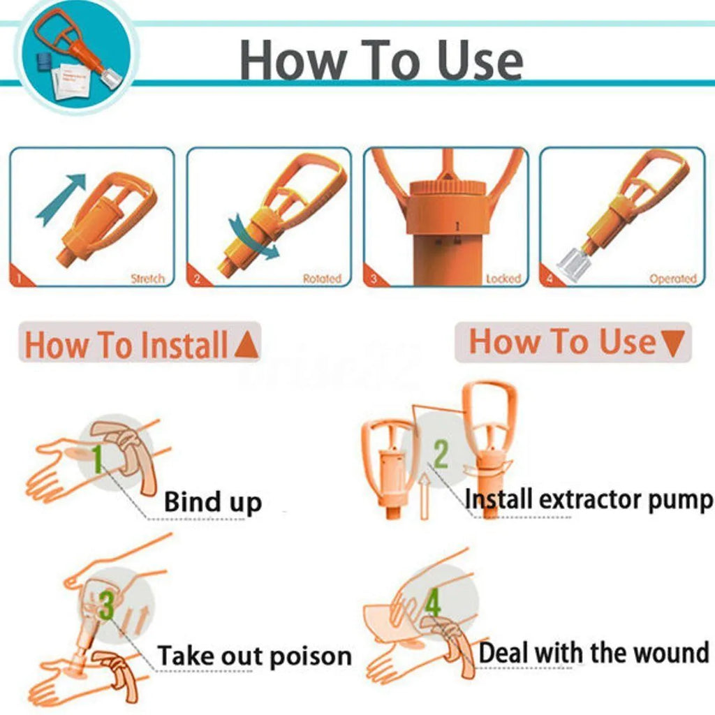 Orange portable venom extractor suction device with two cup sizes, pump, tourniquet and swabs in a storage box.