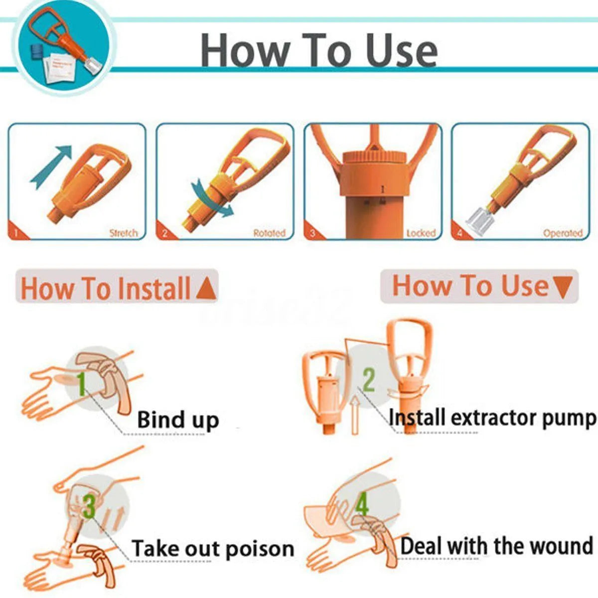 Orange portable venom extractor suction device with two cup sizes, pump, tourniquet and swabs in a storage box.