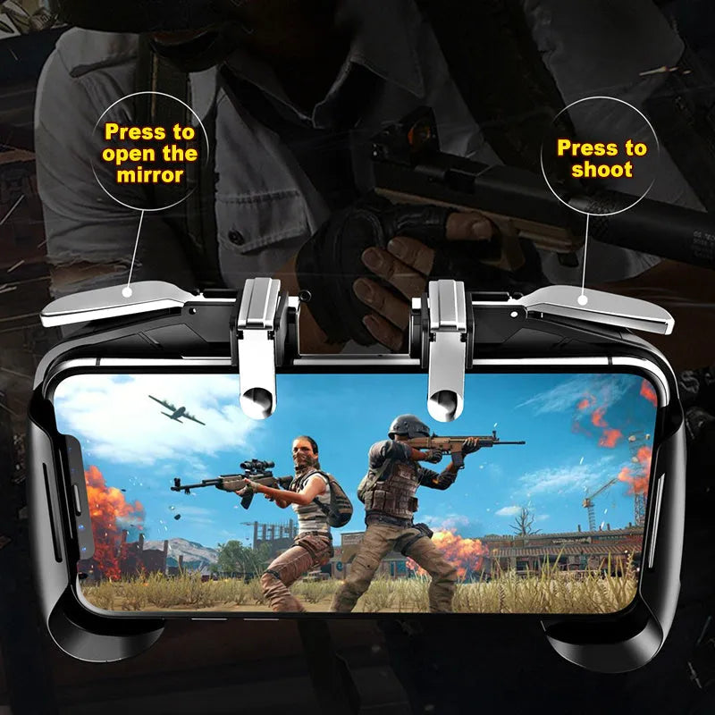 OEM adjustable telescopic mobile game controller handle in black, blue, and white colours for smartphones.