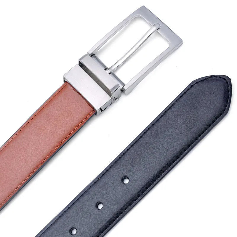 Men's brown and black genuine leather belt with rotating alloy pin buckle showing length measurement