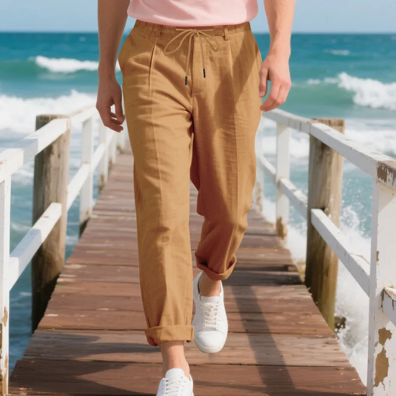 Men's linen casual trousers in straight leg style with drawstring waist in light khaki colour