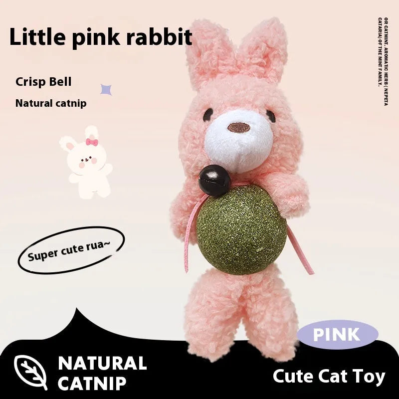 Plush cat toy shaped as a character with a mint ball, shown in brown bear, pink rabbit, piyopiyo and green frog designs.