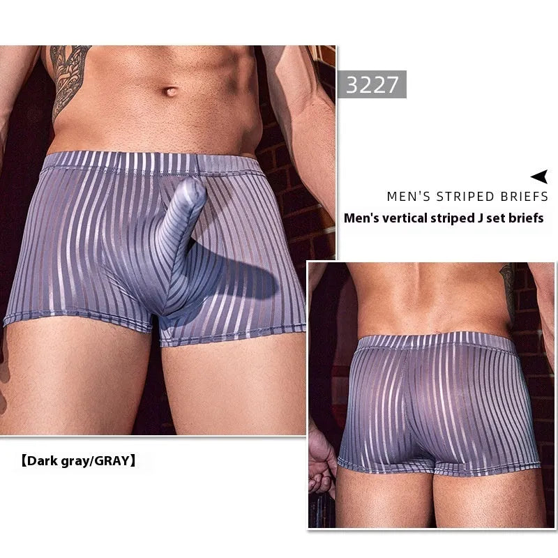 Men's black striped boxer briefs made from elastic nylon fabric.