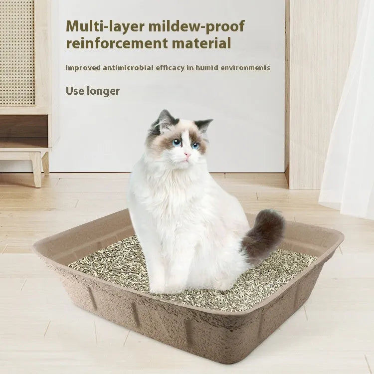 Brown disposable waterproof cat litter box with low sides, shown in three different size options.