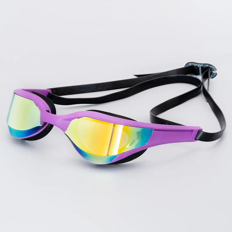 Racing style swimming goggles with mirror lenses and adjustable nose bridge on a blue background.