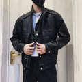 Men's black Korean style PU leather pilot jacket with side pockets and straight hem