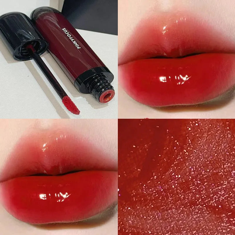 Black glossy mirror lip lacquer in one of six matte colour options: tomato, orange brown, brown, rose, red, or sweet potato.
