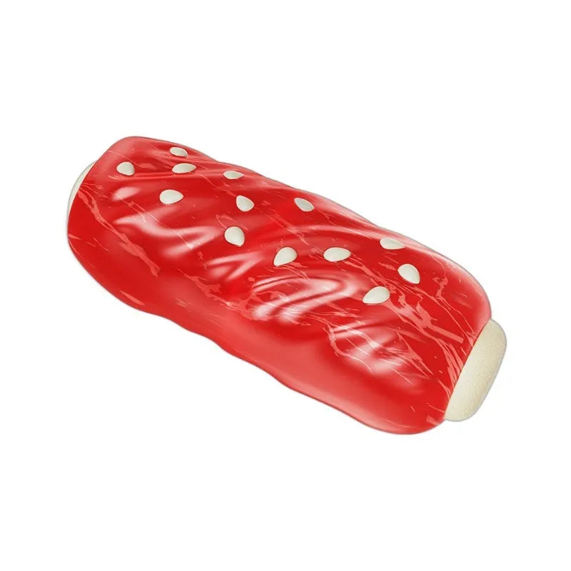 Primary colour plastic dog toy shaped with a molar rod for holding treats