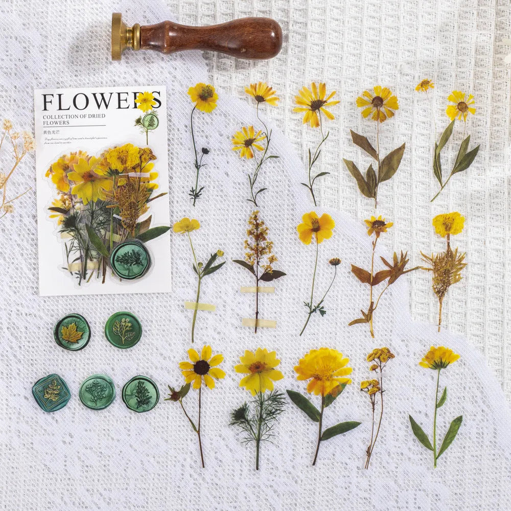 70mm square PET dried flower journal stickers showing eight colour themes including dark night purple and rose nebula