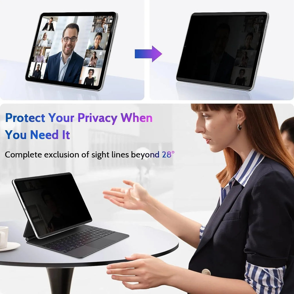 Magnetic suction anti-peeping film for iPad on a table next to an iPad and storage clip.