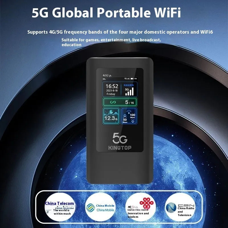 Black portable 5G Wi-Fi router showing LCD display and compact size next to charging cable