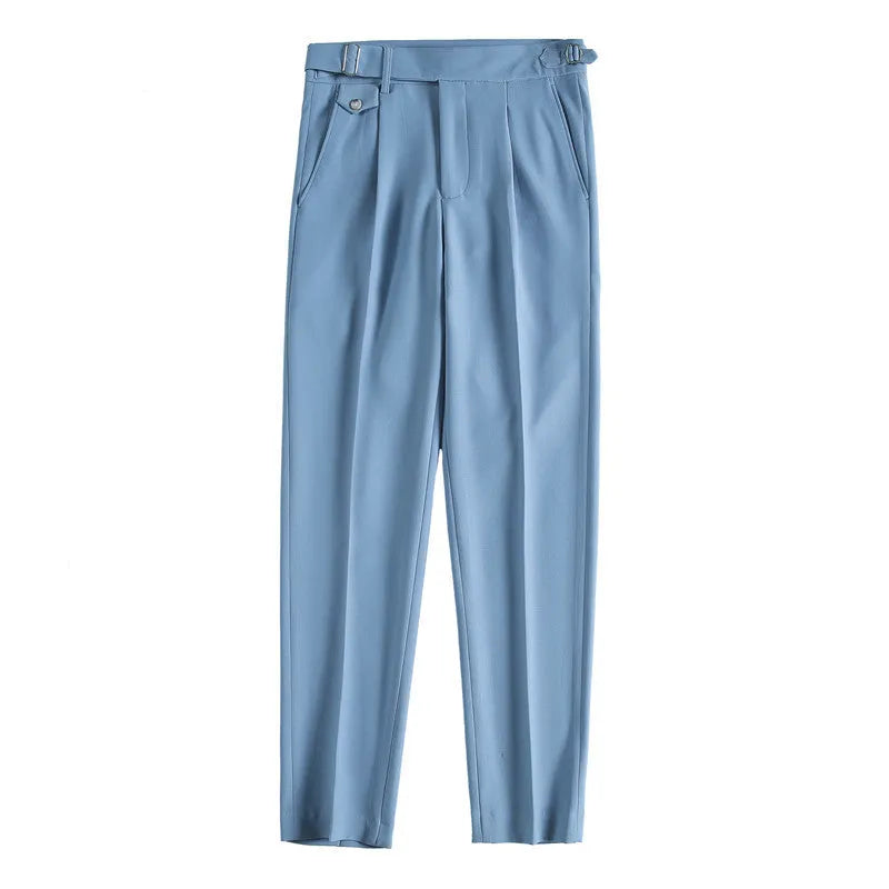 Straight leg casual trousers in solid colours on a hanger.