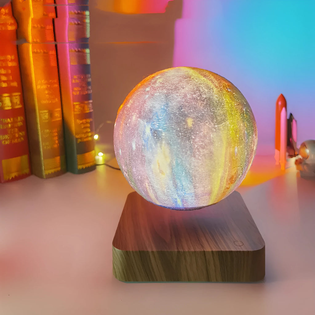 14cm magnetic levitation moon lamp floating above base with galaxy light effect