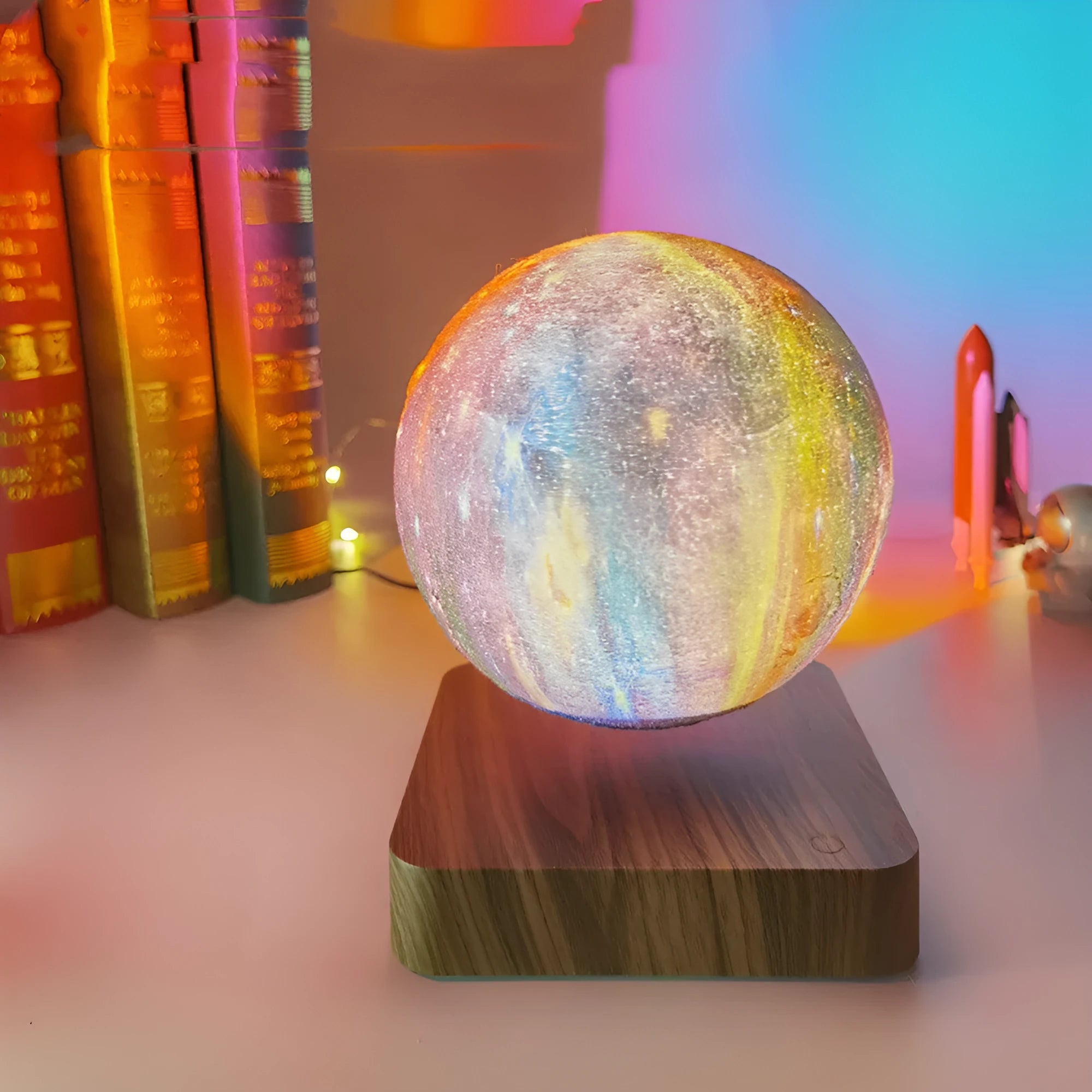 14cm magnetic levitation moon lamp floating above base with galaxy light effect