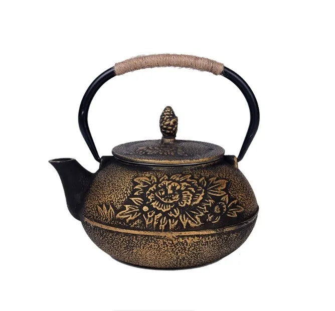 Japanese cast iron teapot with decorative pattern and enamel interior, 0.9L capacity