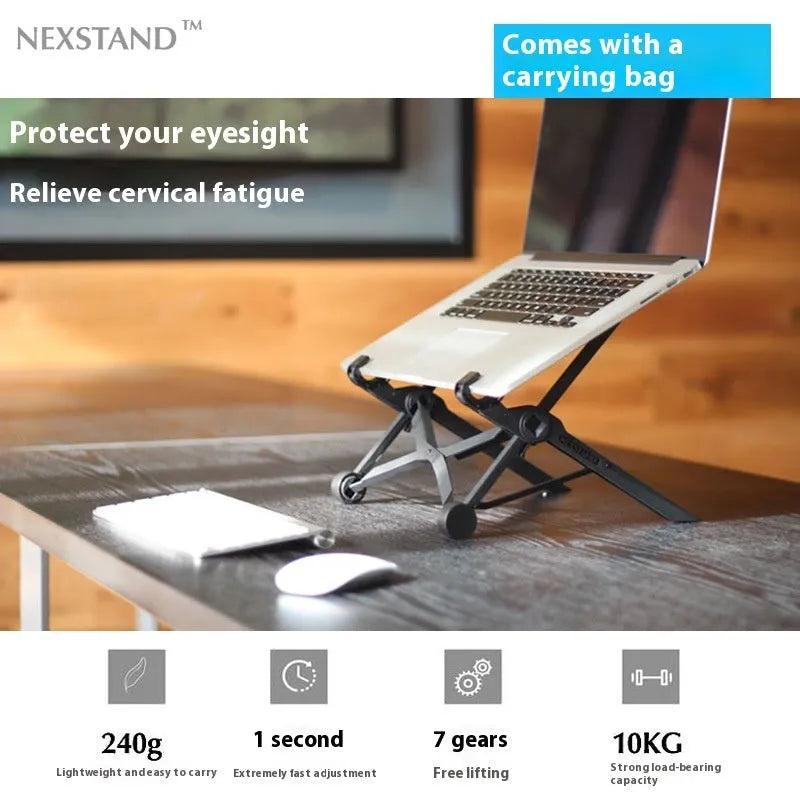 Sagacious black portable folding computer bracket showing enhanced nylon construction and adjustable height mechanism