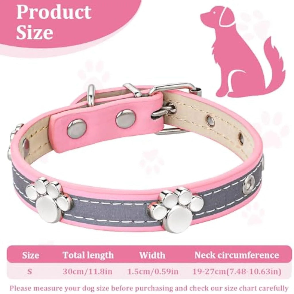 Reflective adjustable dog collar in soft brown PU leather with a metal paw-shaped rivet and buckle.